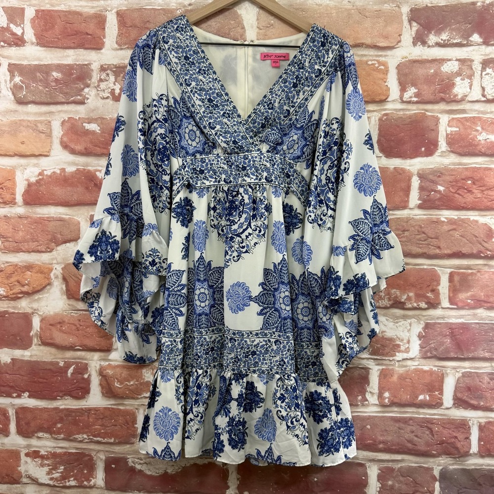 Betsey Johnson Dress Women's 4 Blue White Boho Floral Tie Back Waist Casual